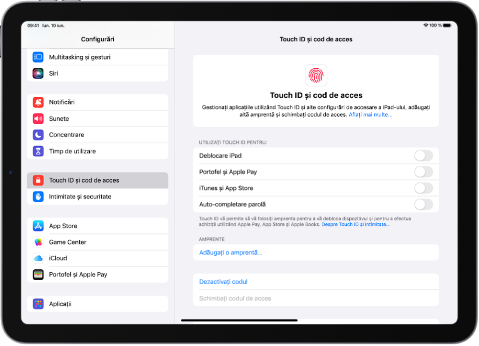 Ecran afișând configurările pentru Touch ID și cod de acces, cu opțiuni de a adăuga o amprentă și de a activa codul de acces.