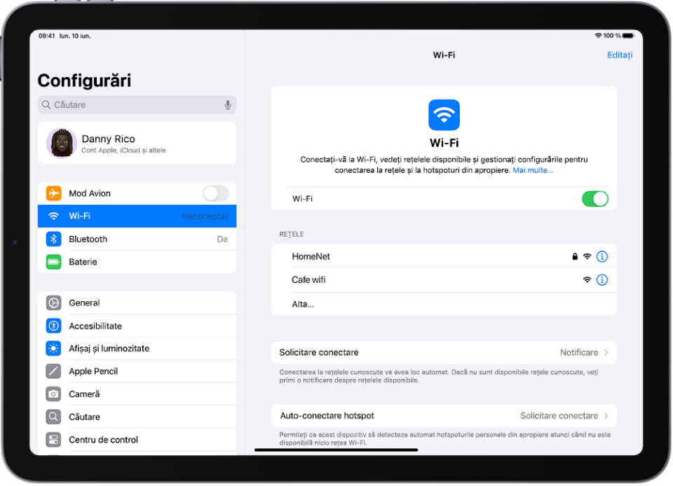 Ecranul Configurări afișând rețelele Wi-Fi disponibile.