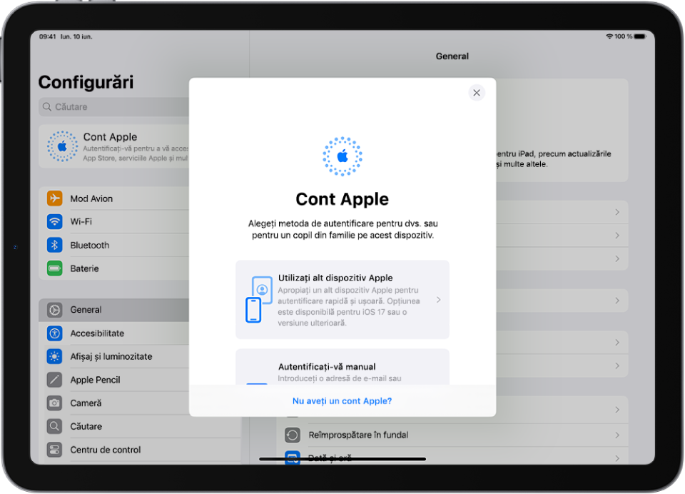 Ecranul Configurări, cu dialogul de autentificare în contul Apple în mijlocul ecranului.