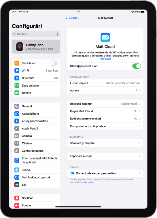Aplicația Configurări, deschisă la ecranul Mail iCloud. Opțiunea Domeniu de e‑mail personalizat este în partea de jos a meniului.