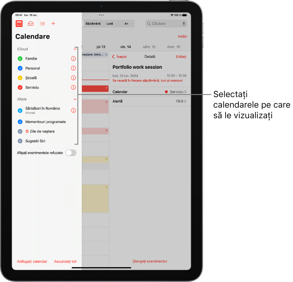 Lista Calendare indică prin bife calendarele active. Butonul OK pentru închiderea listei se află în colțul din dreapta sus. Butonul Adăugare calendar se află în colțul din stânga jos.