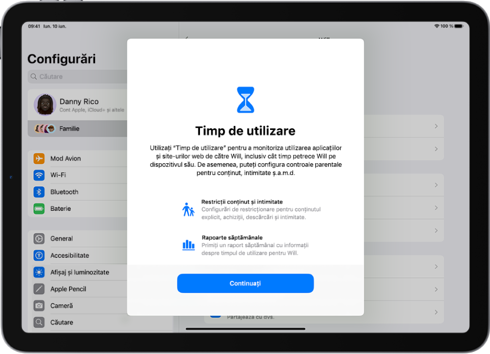 Un ecran cu descrierea funcționalităților pentru monitorizarea timpului de utilizare al unui copil, cu opțiuni precum perioadă de repaus programată.