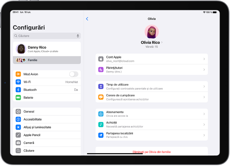 Ecranul Configurări afișând funcționalități disponibile pentru un membru adolescent al familiei, precum Cerere de cumpărare și Apple Cash.