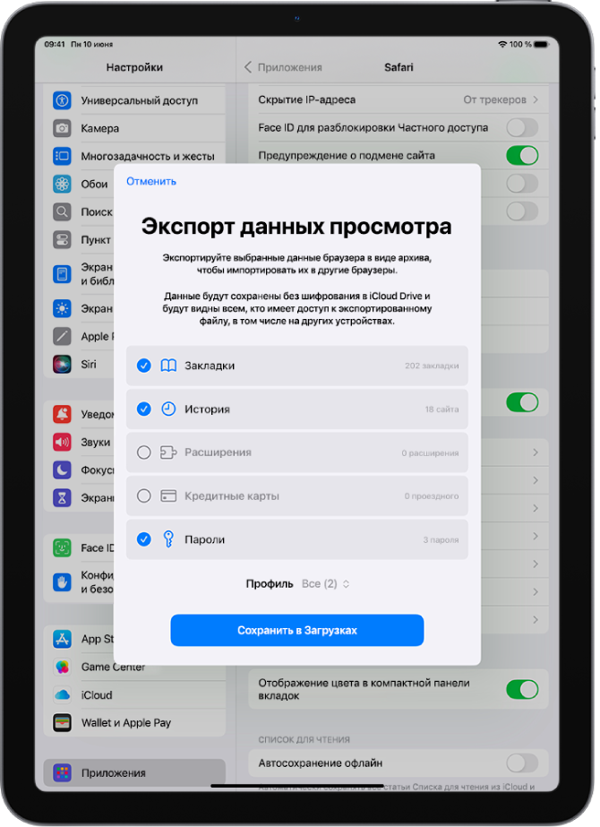 На экране «Экспорт данных просмотра» показаны данные, которые можно экспортировать из Safari в другой браузер.