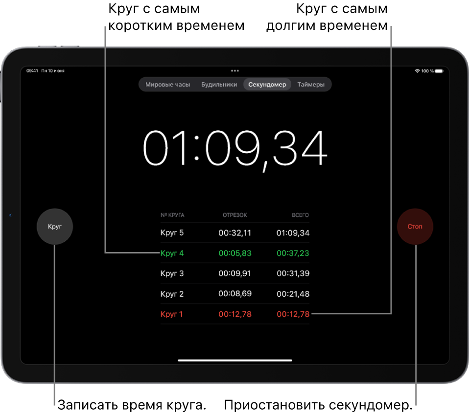 На секундомере в приложении «Часы» отображается общее время события, а под ним — несколько кругов в рамках этого события.