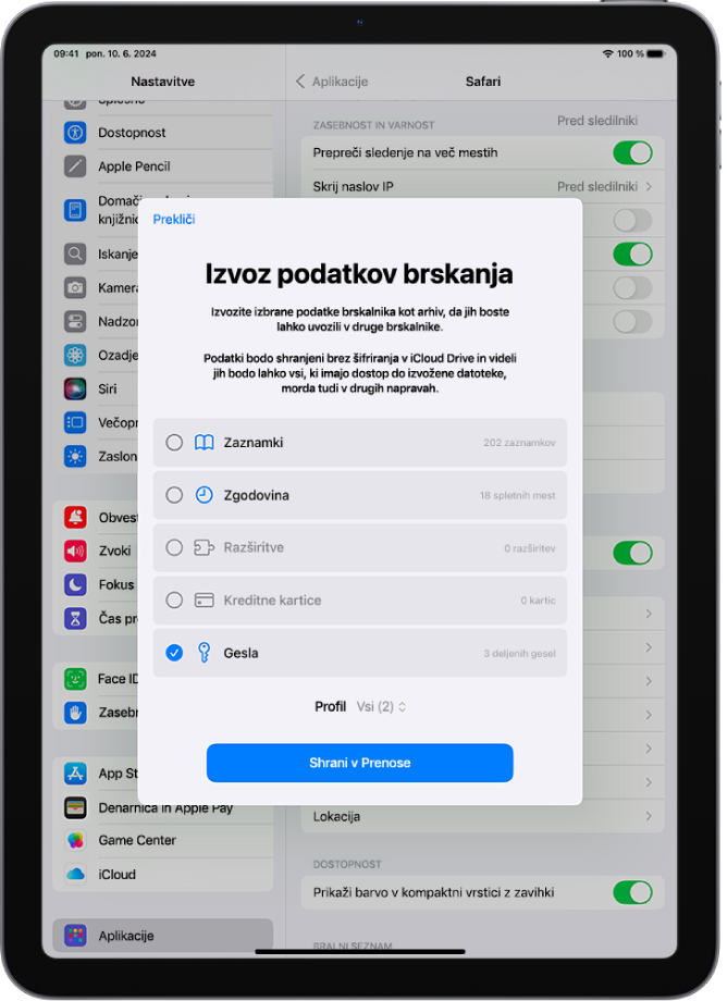 Zaslon Izvoz podatkov brskanja z možnostjo Gesla, izbrana za izvoz v drugega upravitelja gesel.