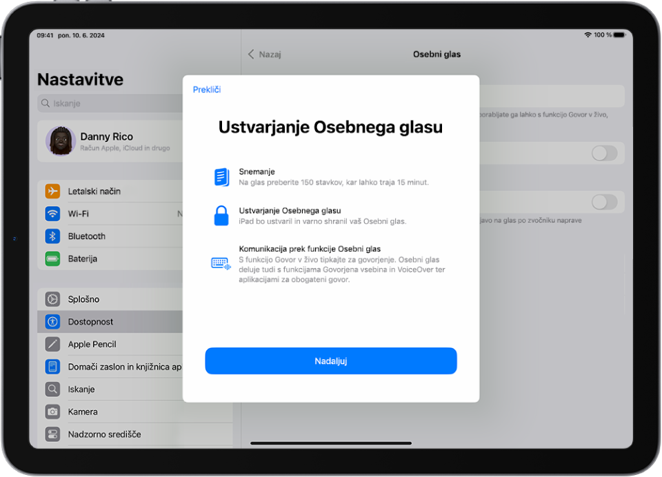 iPad z informacijami o tem, kako ustvarite osebni glas.