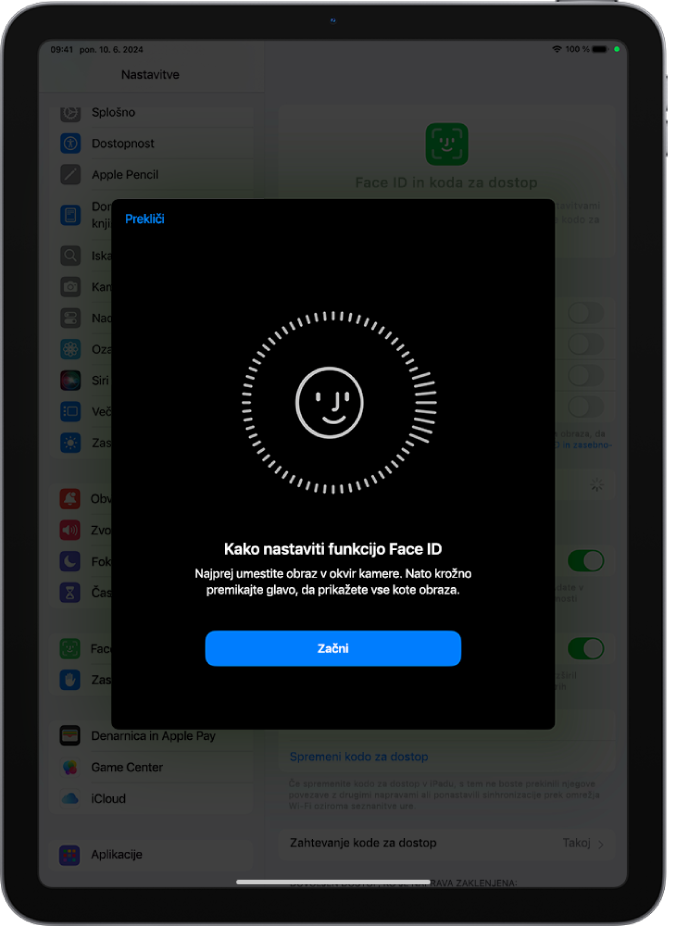 Zaslon za nastavitev prepoznavanja v funkciji Face ID. Na zaslonu je prikazan obraz smeško v krogu. Besedilo spodaj, ki uporabniku daje navodila za počasno premikanje glave, da se zaključi krog. Na dnu zaslona se prikaže gumb za začetek.