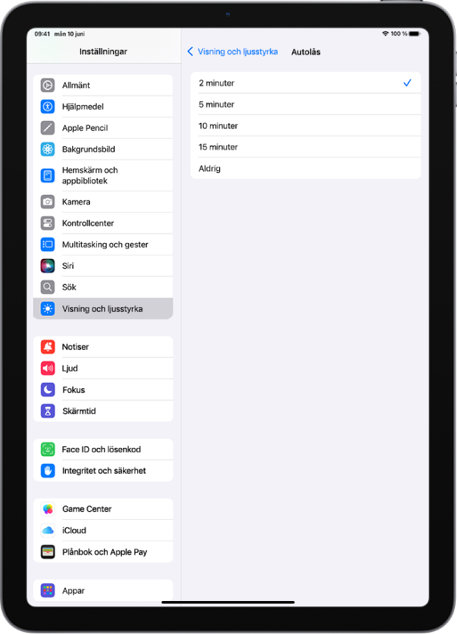 Skärmen för Autolås med inställningar för hur lång tid det tar innan iPad ska låsas automatiskt.