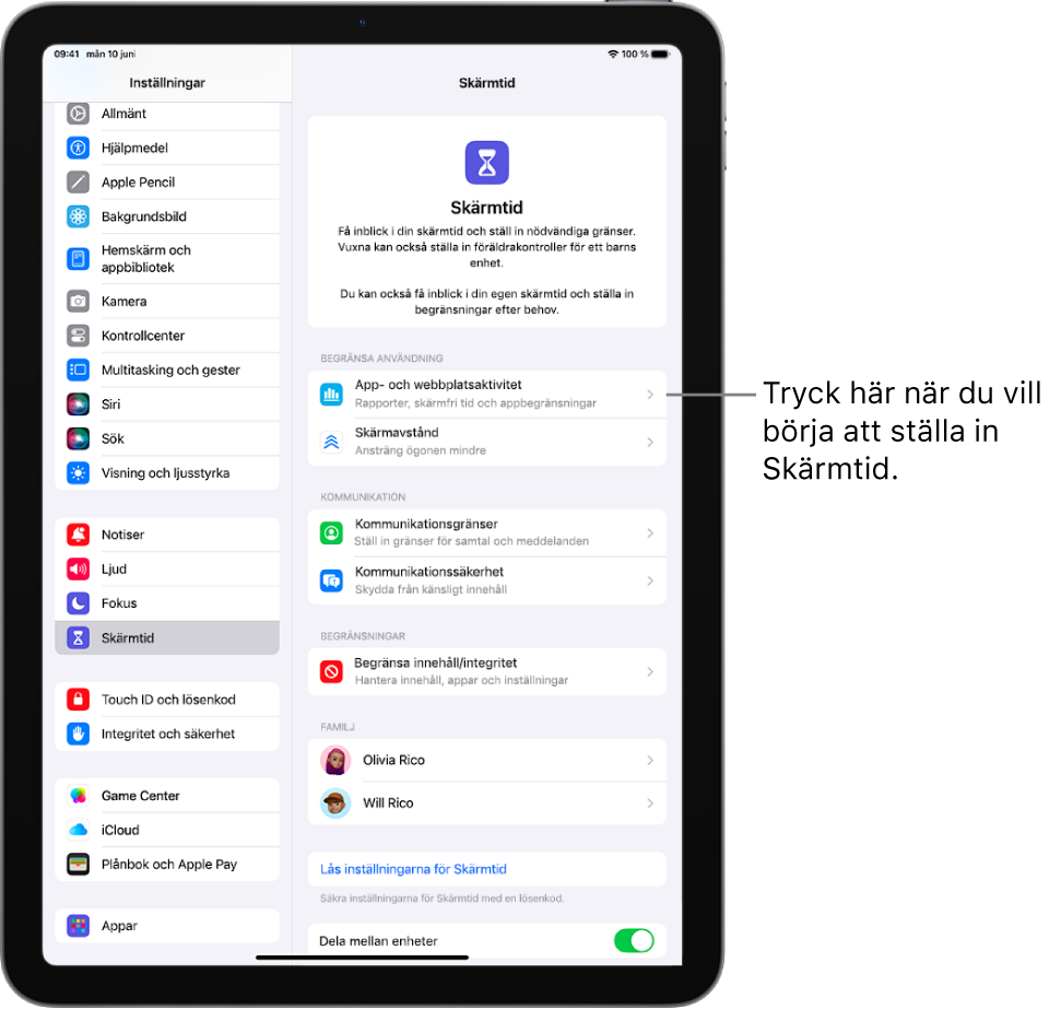 Skärmen för inställning av Skärmtid som visar att du trycker på App- och webbplatsaktivitet för att komma igång.