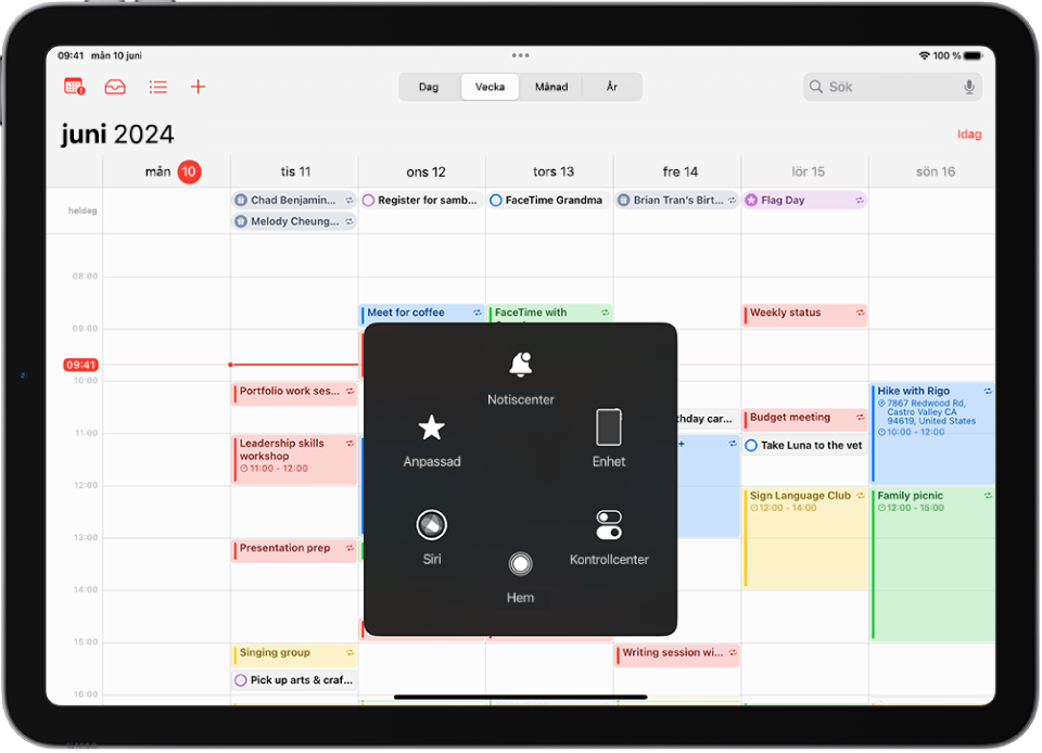 En iPad med AssistiveTouch-menyn synlig och reglage för Notiscenter, Enhet, Kontrollcenter, Siri och Anpassat.