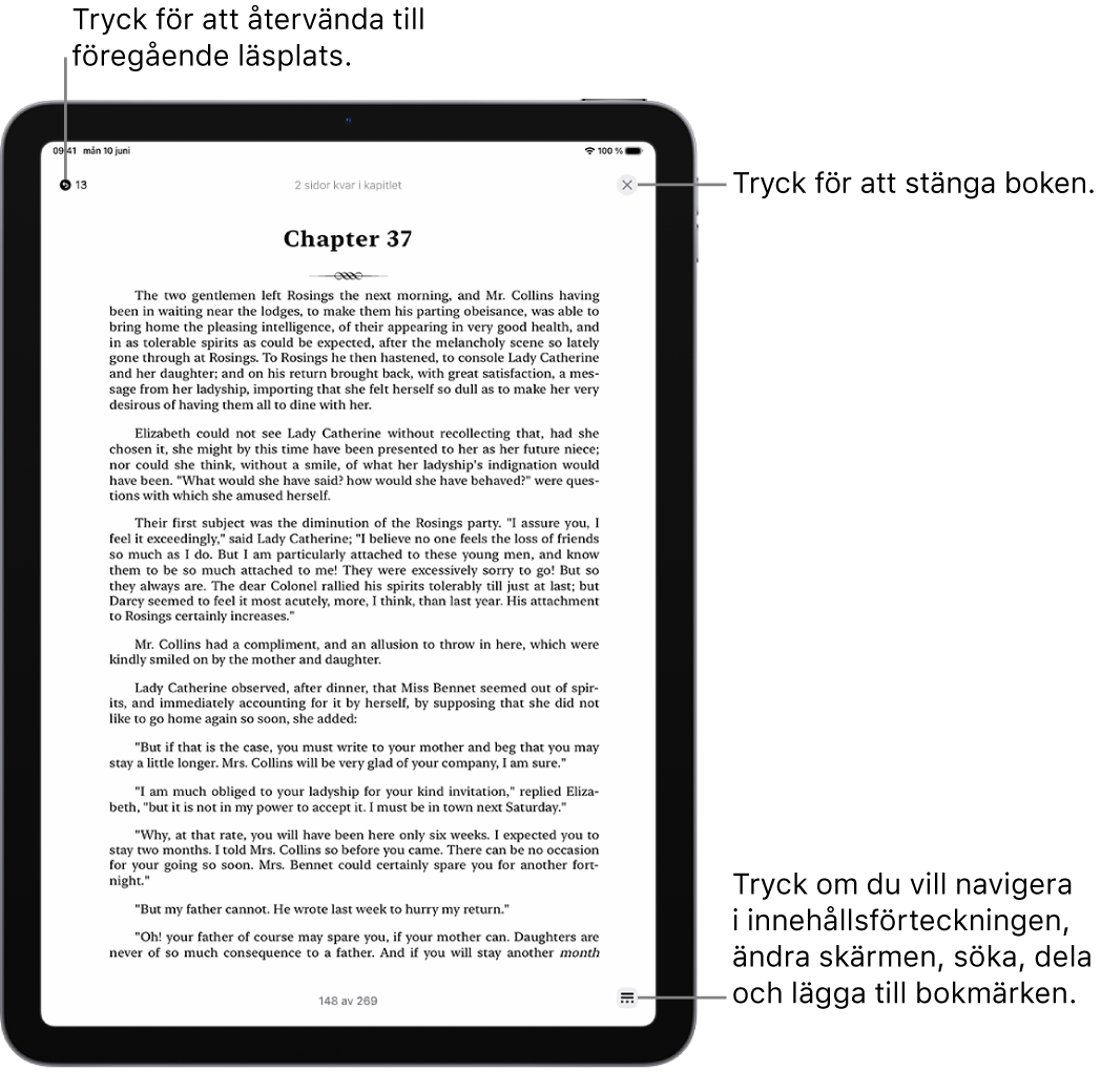 En sida i en bok i appen Böcker. Högst upp på skärmen finns knapparna för att återgå till den sida där du började läsa och för att stänga boken. Längst ned till höger på skärmen finns menyknappen.