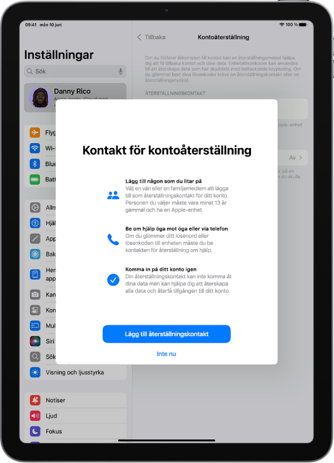 Skärmen Kontakt för kontoåterställning med information om funktionen. Knappen Lägg till återställningskontakt finns längst ned.