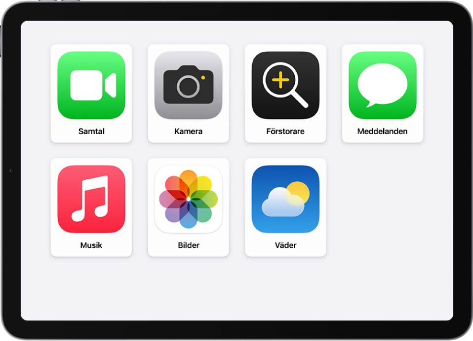 En iPad som visar hemskärmen för Åtkomststöd med ett stort rutnät med appar.