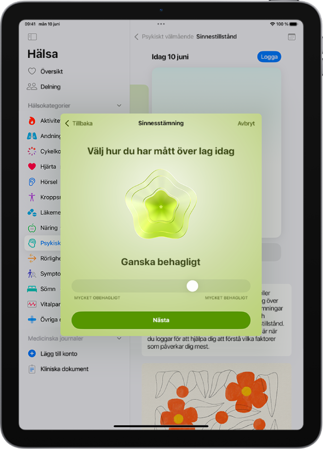 En skärm i appen Hälsa identifierar ditt nuvarande humör som Något bekväm. På nederkanten av skärmen finns ett reglage för att justera känslans intensitet.