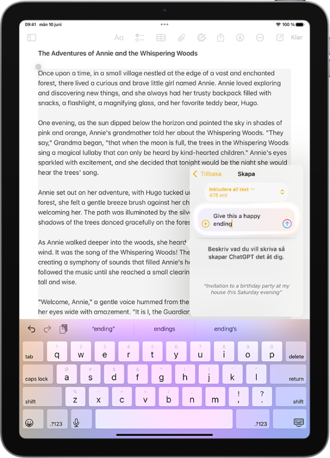 En iPad visar en artikel som skrivs i appen Anteckningar. Till höger på skärmen finns dialogrutan för att skapa med Writing Tools (Skrivverktyg) som innehåller alternativ för att beskriva en ändring, välja ChatGPT-förslag med mera.