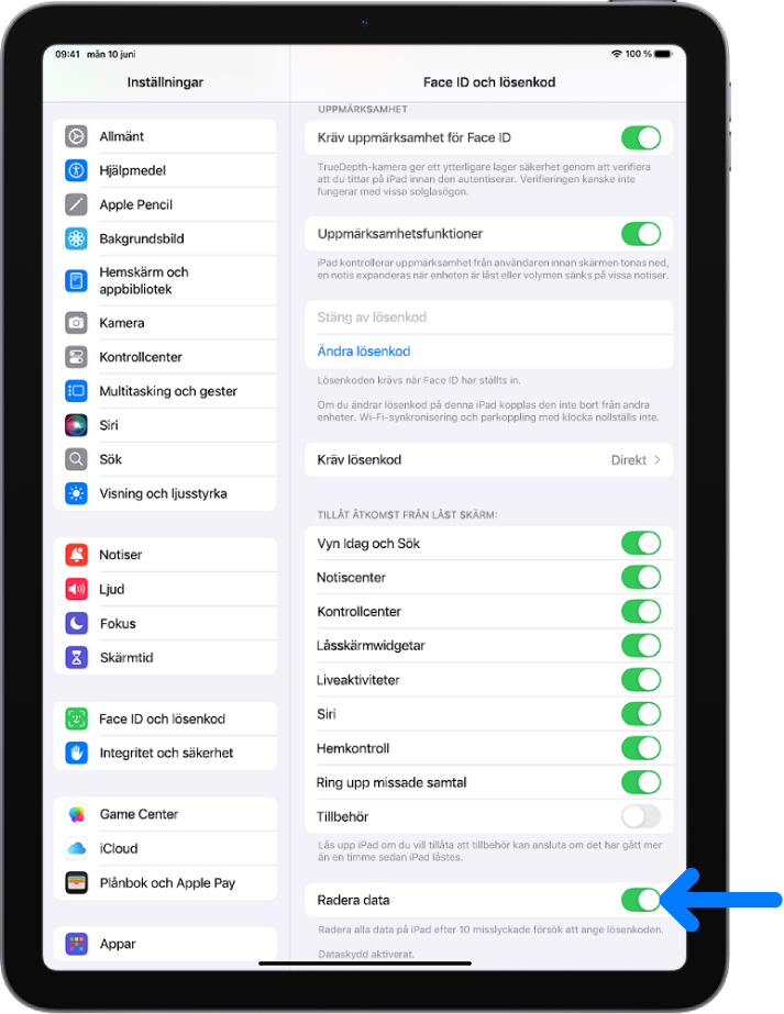 Reglaget Radera data finns längst ned på skärmen Face ID och lösenkod i Inställningar.