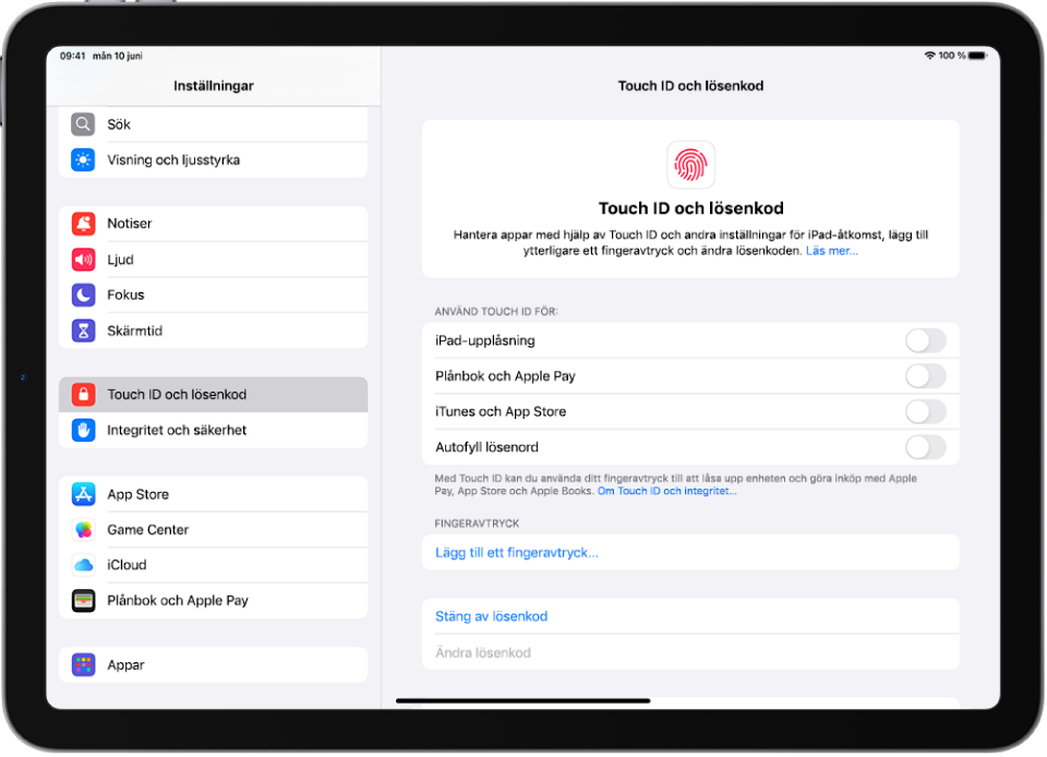 En skärm visar inställningar för Touch ID och lösenkod med alternativ för att lägga till ett fingeravtryck och slå på lösenkod.