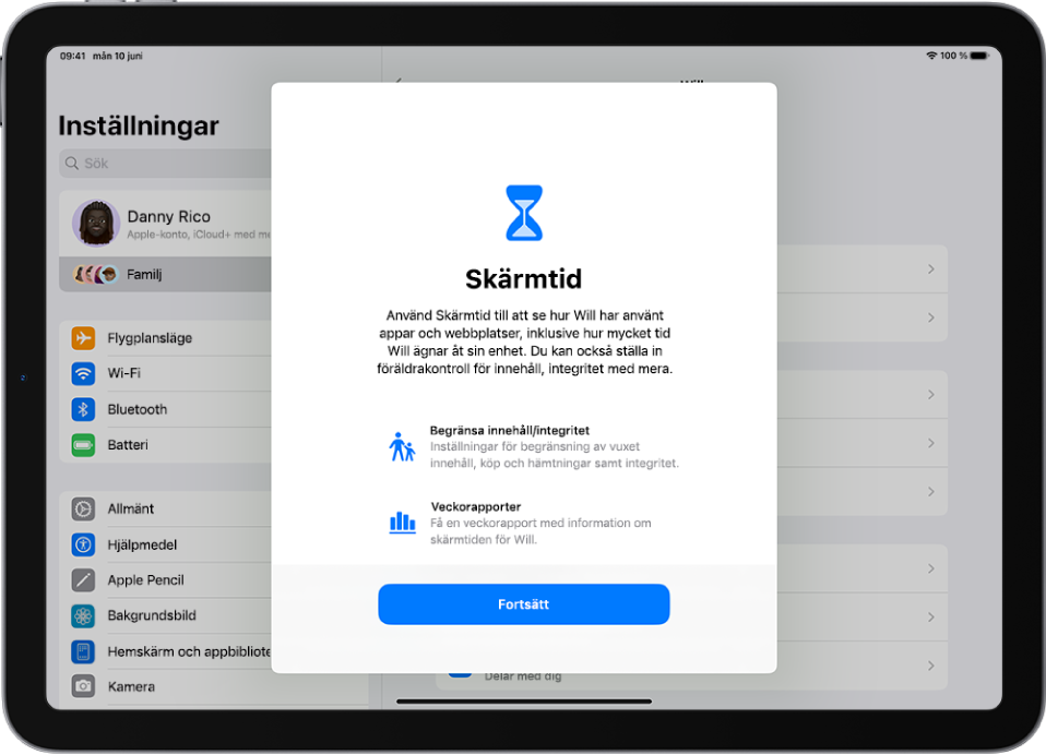 En skärm med en beskrivning av funktioner till att hålla koll på ett barns skärmtid med alternativ som schemalagd skärmfri tid.