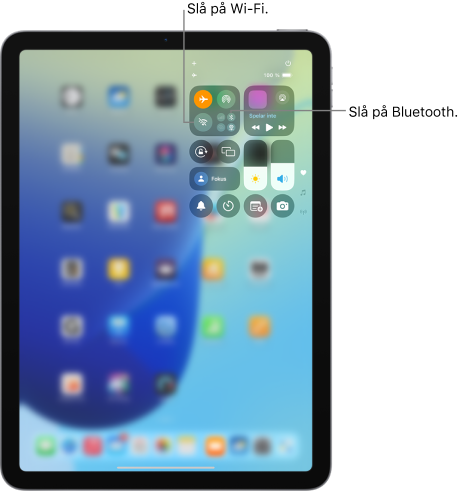 Kontrollcenter på iPad med flygplansläge påslaget. Knapparna för att slå på Wi-Fi och Bluetooth finns nära det övre vänstra hörnet i Kontrollcenter.