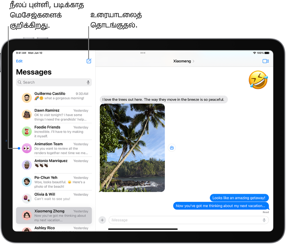 இடதுபுறத்தில் உரையாடல் பட்டியலும் வலதுபுறத்தில் உரையாடலும் உள்ளன. புதிய மெசேஜைத் தொடங்க உரையாடல் பட்டியலின் மேல் வலதுபுறத்தில் உள்ள “எழுது” பட்டனைத் தட்டவும். ஒரு மெசேஜின் இடதுபுறத்தில் நீல நிறப் புள்ளி காட்டப்பட்டால் அந்த மெசேஜ் படிக்கப்படவில்லை என்று அர்த்தம்.