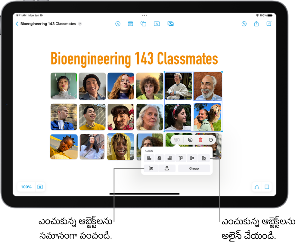 ఫోటోల గ్రిడ్‌తో నిండిన Freeform బోర్డ్. అనేక ఫోటోలు ఎంచుకోబడ్డాయి, వాటి పైన ఉన్నవి అమరిక, గ్రూపింగ్ టూల్స్.