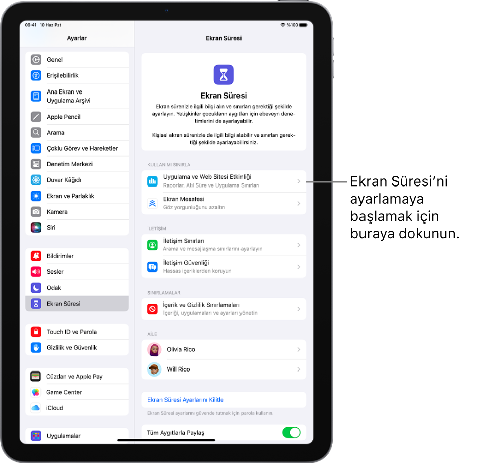 Başlamak için Uygulama ve Web Sitesi Etkinliği’ne basacağınızı gösteren Ekran Süresi’ni ayarlama ekranı.