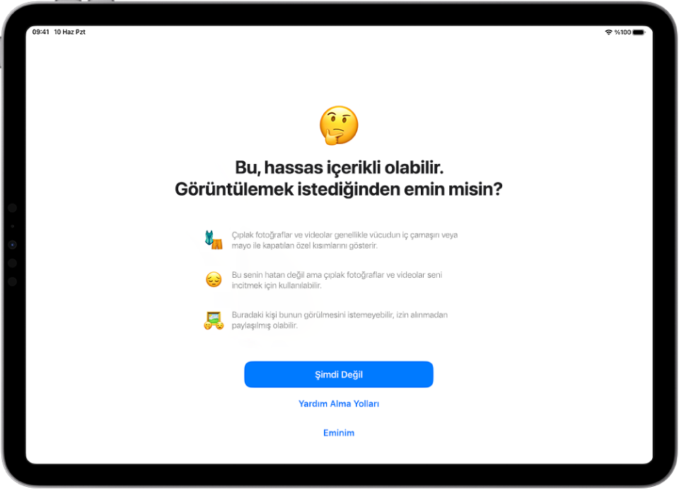 Mesajda hassas içerikli görüntüler olabileceğini belirten bir uyarının olduğu bir ekran. En altta yardım alma veya uyarıyı kapatma seçenekleri var.