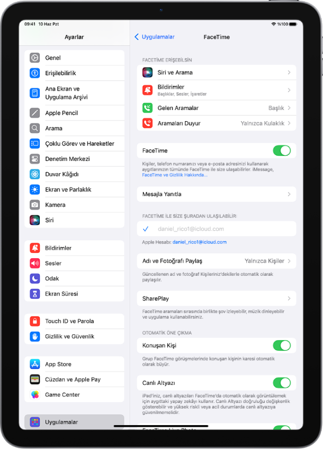 FaceTime Ayarları ekranında, FaceTime’ı açıp kapatma denetimi ve FaceTime için kullanılan Apple Hesabı gösteriliyor.