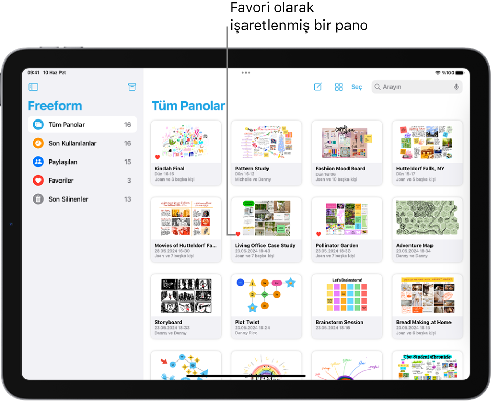 iPad’de Freeform açık. Kenar çubuğunda Tüm Panolar seçili ve sağ tarafta pano küçük resimleri görünüyor.