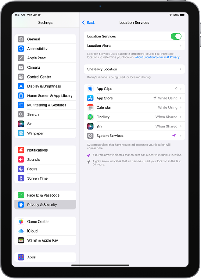 ایپ کے ساتھ آپ کے iPad کی لوکیشن شیئر کرنے کی سیٹنگ پر مشتمل لوکیشن کی خدمات کی اسکرین۔