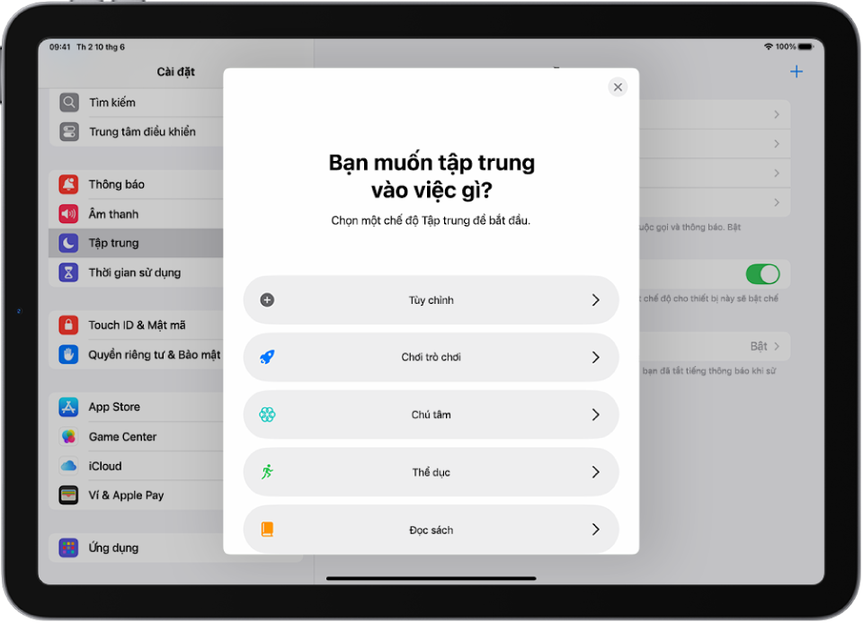 Một màn hình thiết lập chế độ tập trung cho tùy chọn chế độ tập trung được cung cấp bổ sung, bao gồm Tùy chỉnh, Thể dục, Chơi trò chơi, Chú tâm và Đọc sách.