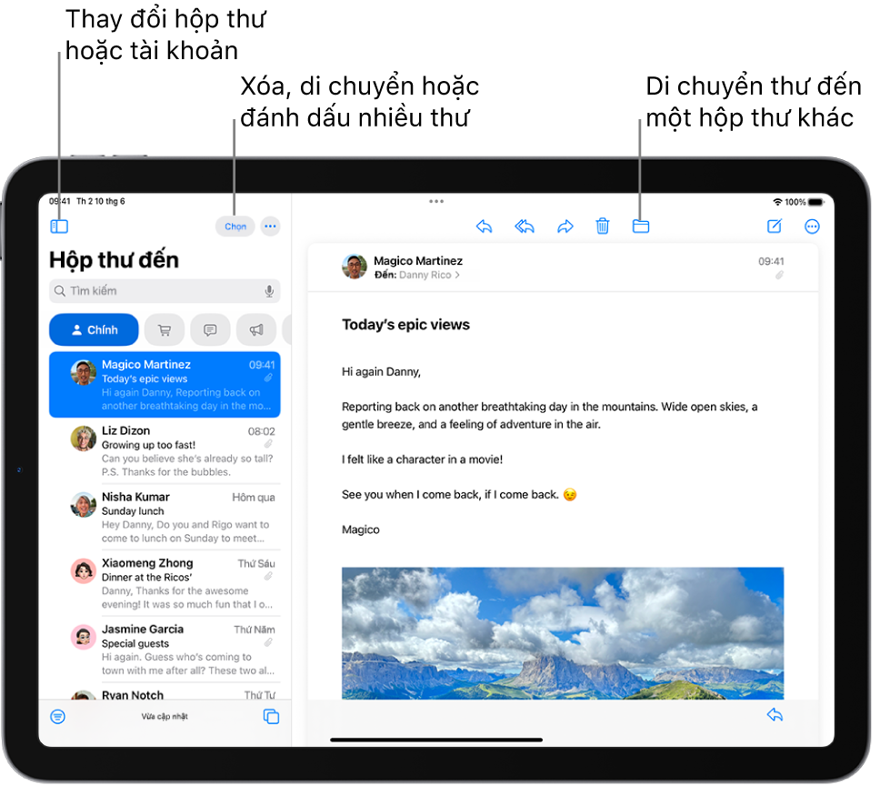 Hộp thư đến Mail, với một danh sách các email ở bên trái và một email được mở ở bên phải.