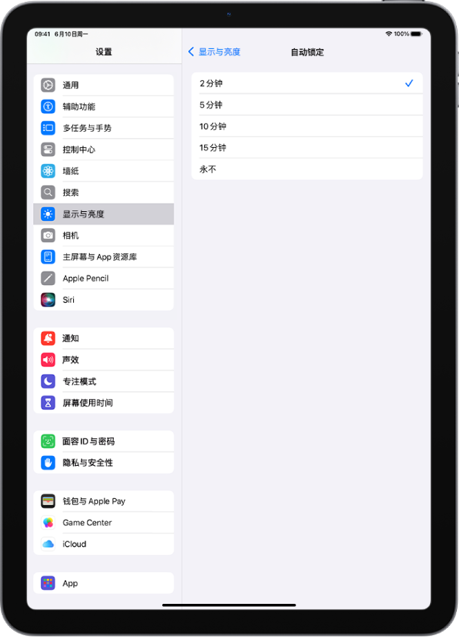 “自动锁定”屏幕，显示 iPad 自动锁定前等待时长的设置。