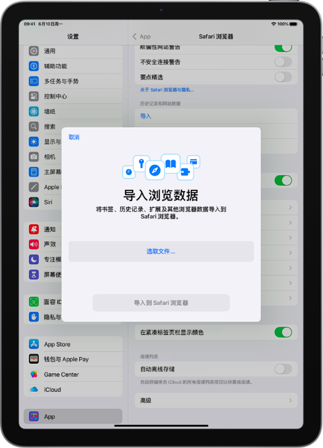 “导入浏览数据”屏幕,显示要导入到 Safari 浏览器的其他浏览器数据。