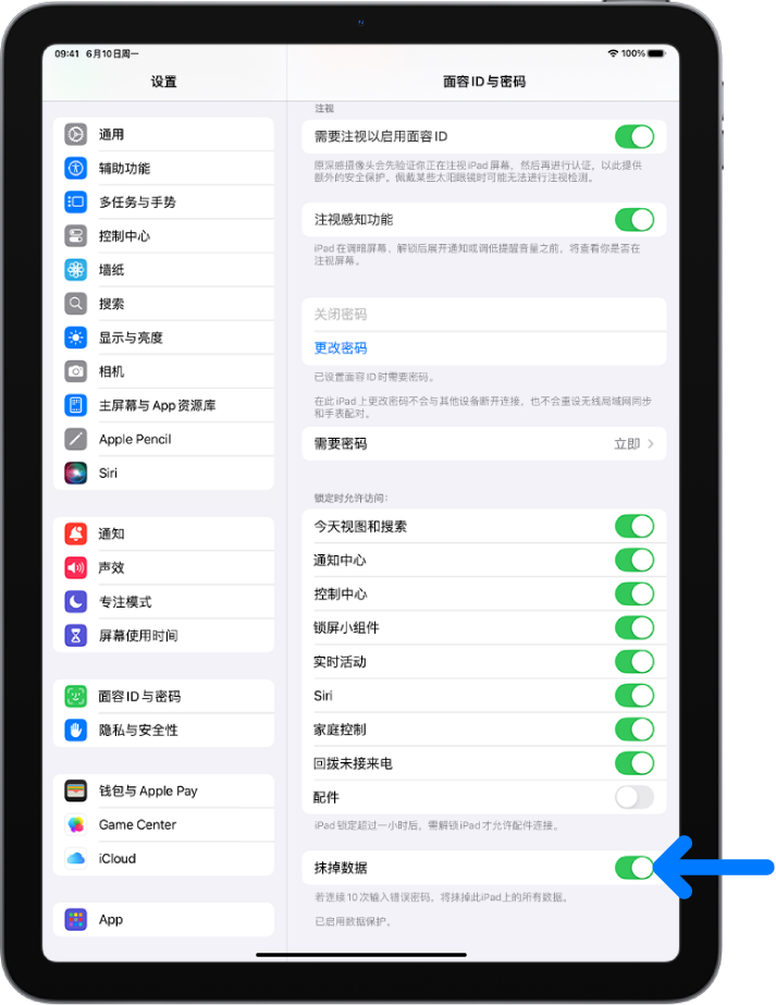“抹掉数据”控制，位于“设置”中的“面容 ID 与密码”屏幕底部。