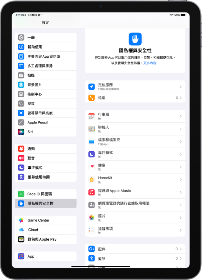 「隱私權與安全性」中的「定位服務」設定，提供分享 iPad 位置的選項，包含針對個別 App 的自訂設定。