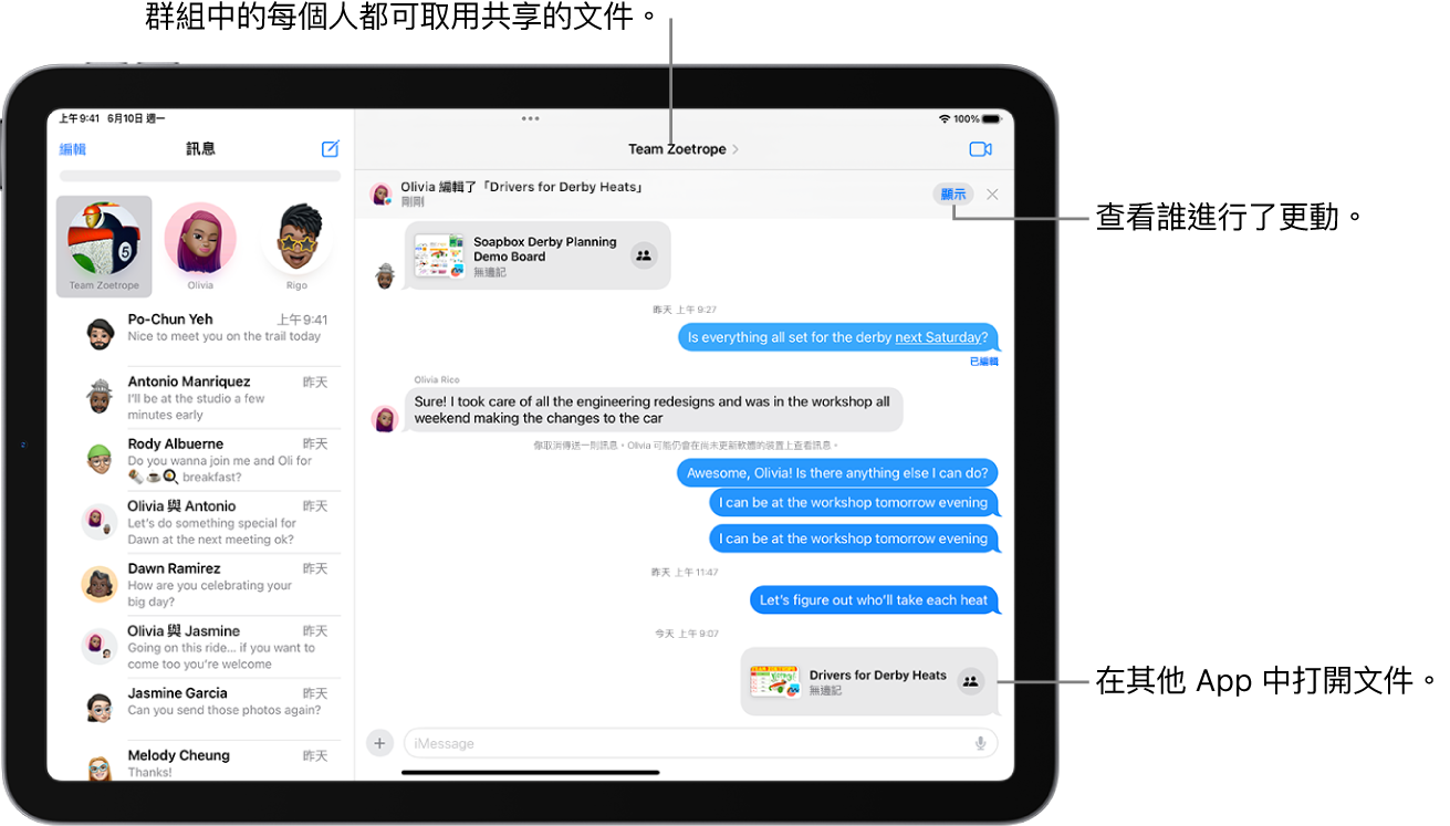 「訊息」中的群組對話包含一個合作邀請，對話視窗最上方顯示更新內容。