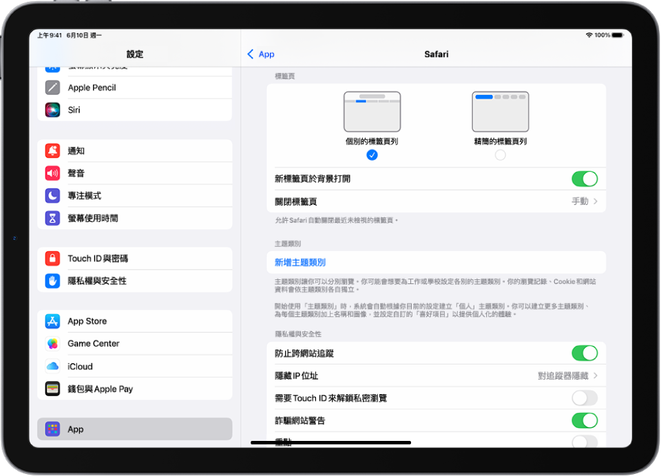 「設定」App 視窗，左側的側邊欄已選取 App，右側是 Safari 面板，顯示在頂部使用標籤頁的選項。