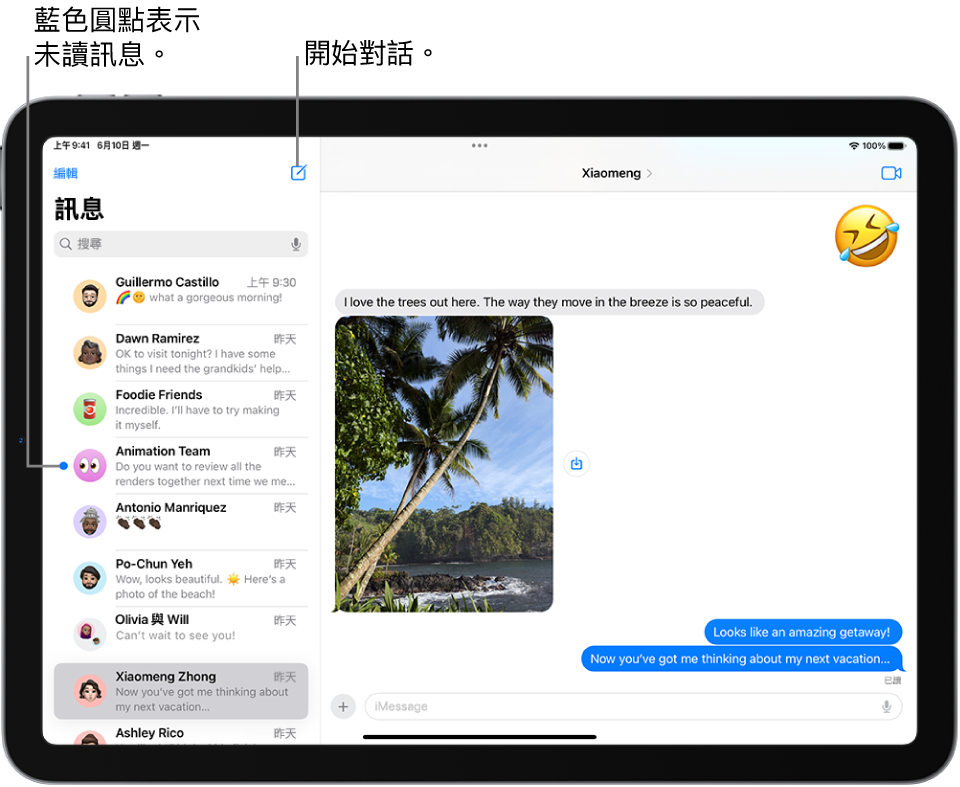 左側為對話列表,右側為對話。點一下對話列表右上方的「編寫」按鈕來開始新訊息。訊息左側的藍色圓點表示未讀。