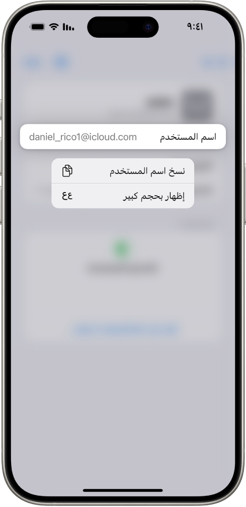 شاشة حساب تُظهر اسم المستخدم مميزًا، مع خيارات لنسخ اسم المستخدم وإظهاره بخط كبير.