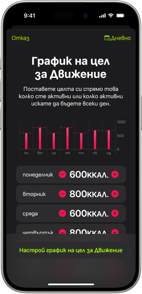 Екранът на График за цел за Движение във Фитнес, който показва бутони за увеличаване или намаляване на целта за Движение по ден от седмицата.