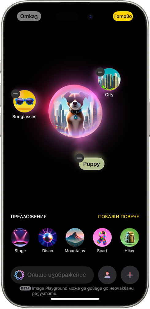 Прозорец на приложението Image Playground, показващ създадено изображение на куче, което носи слънчеви очила.