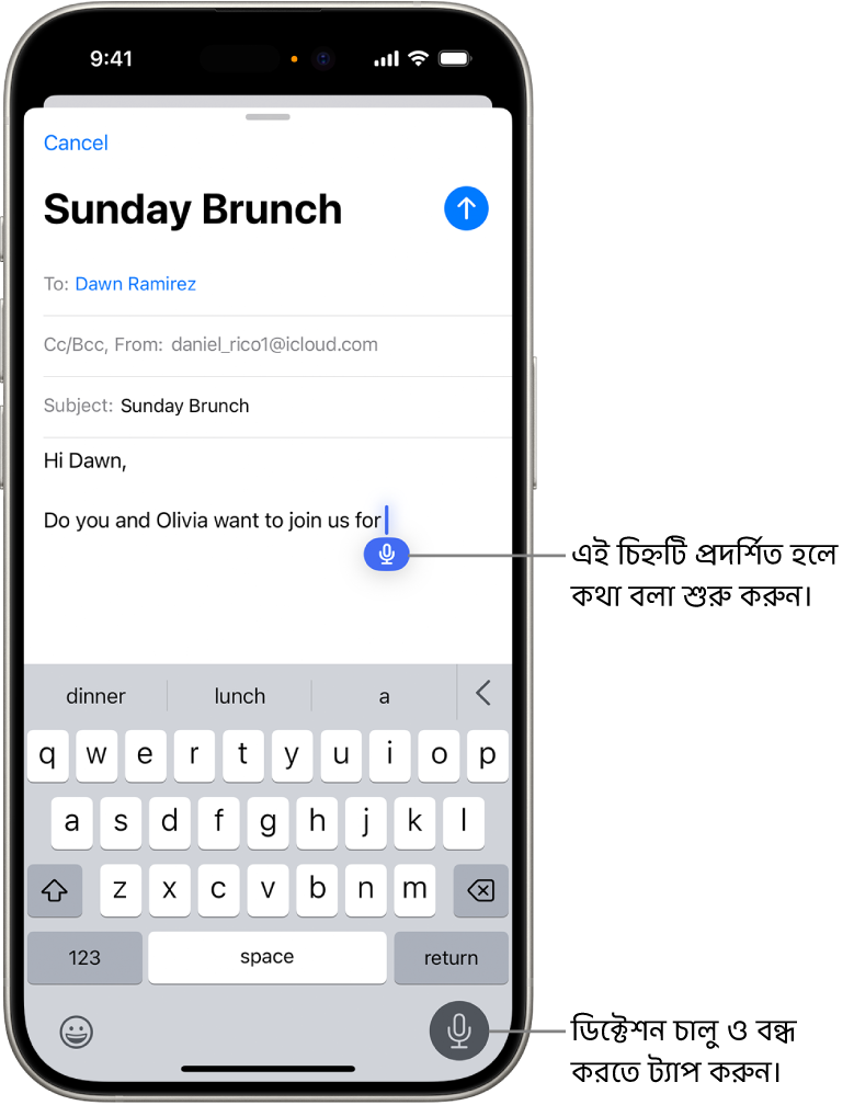 Mail অ্যাপে অনস্ক্রিন কীবোর্ড খোলা রয়েছে। স্ক্রিনের নিচের ডানদিকের কোণে ডিক্টেশন বাটন নির্বাচন করা হয়েছে এবং টেক্সট ফিল্ডে ইন্সার্শন পয়েন্টের নিচে ডিক্টেশন বাটন প্রদর্শিত হয়েছে।