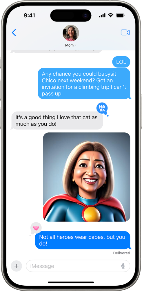 একটি iPhone-এ মেসেজ অ্যাপে কথোপকথন দেখানো হচ্ছে। স্ক্রিনের মাঝখানে Image Playground দিয়ে তৈরি করা একটি ছবি দেখা যাচ্ছে।