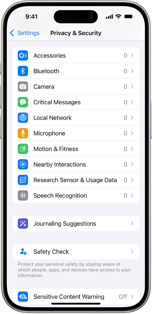 ক্যামেরা, মাইক্রোফোন এবং আপনার iPhone-এর অন্যান্য পার্টস, অ্যাপ ব্যবহার করতে পারে কিনা তা কন্ট্রোল করার জন্য সেটিংসসহ গোপনীয়তা ও সুরক্ষা স্ক্রিন।