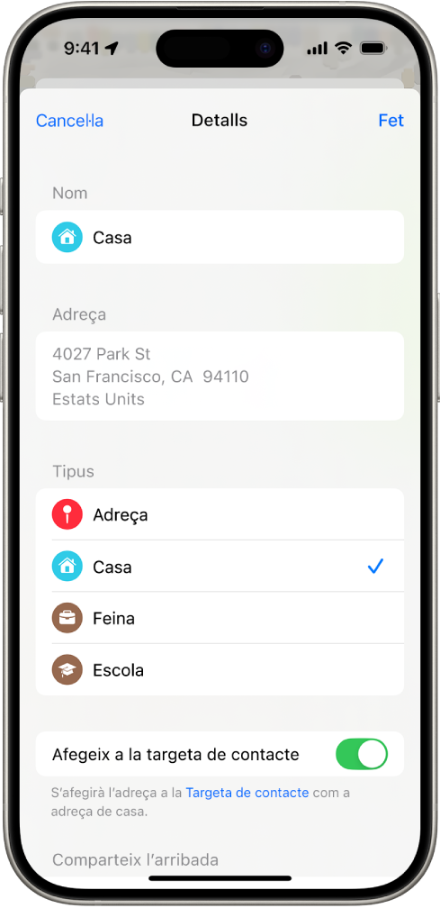 L’app Mapes mostra la pantalla d’informació amb les opcions per definir una adreça com a casa, feina o escola.