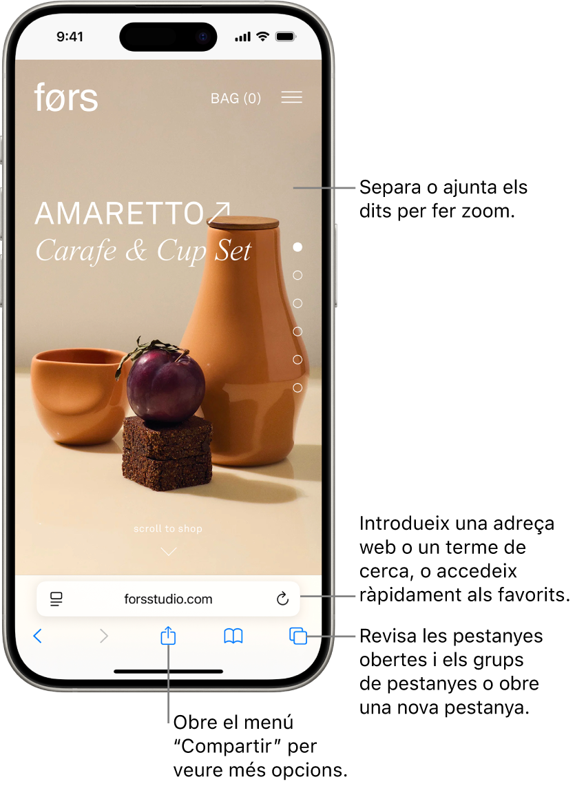 Un lloc web obert al Safari, amb el camp d’adreça a la part inferior. A sota de tot, d’esquerra a dreta, hi ha els botons “Enrere”, “Endavant”, “Comparteix”, “Marcadors” i “Pestanyes”.