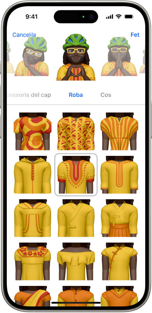 Pantalla de memojis en què es mostra el personatge que s’està creant a la part central; les característiques personalitzables a sota del personatge i, a sota d’aquestes, opcions de la característica seleccionada. El botó “Fet” es troba a l’angle superior dret, i el botó “Cancel·la”, a l’angle superior esquerre.