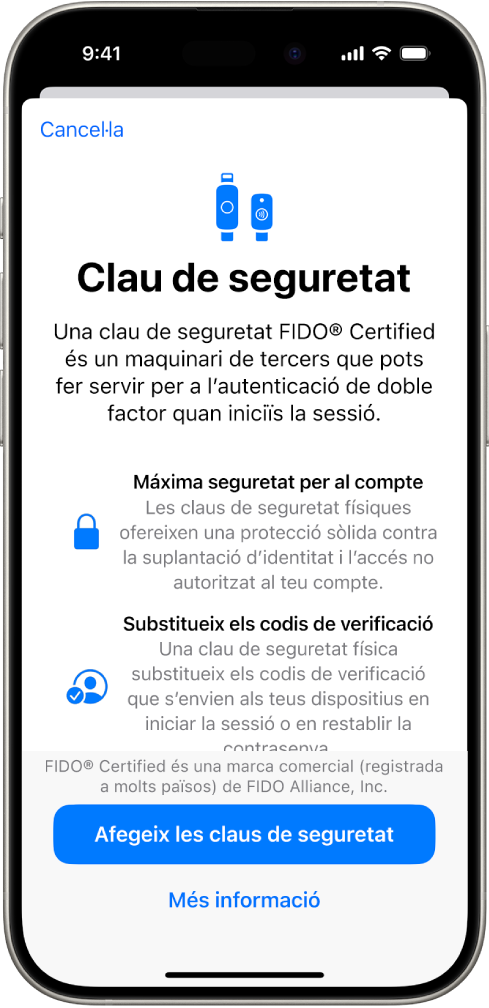 La pantalla de benvinguda de les claus de seguretat. A prop de la part inferior hi ha el botó “Afegeix claus de seguretat” i l’enllaç “Més informació”. A sobre, s’explica quins són els avantatges d’utilitzar les claus de seguretat.